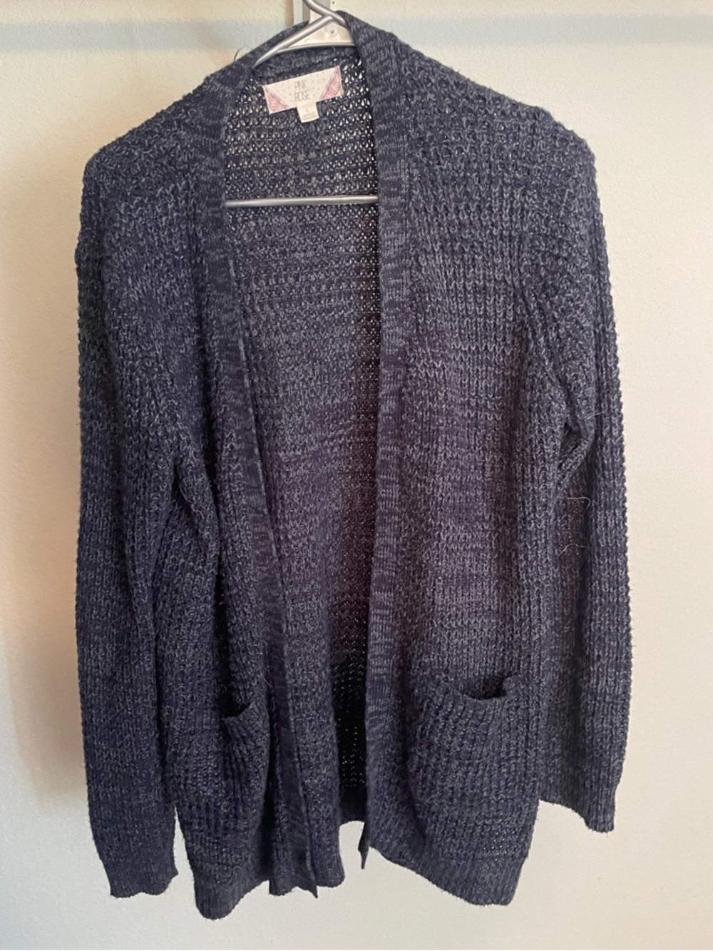 Pink Rose Dark Navy Open-Front Knit Cardigan with Pockets